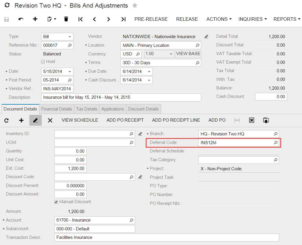 Deferred and Prepaid Expenses in Acumatica Cloud ERP Software