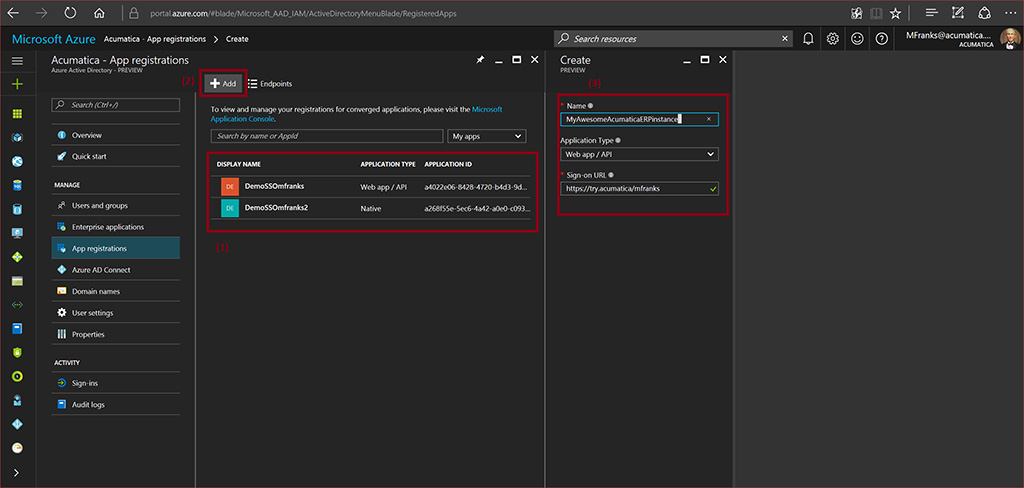 Microsoft Azure - Acumatica -App Registration Panel.