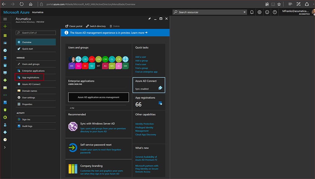 Registering the Acumatica Instance with Azure AD.