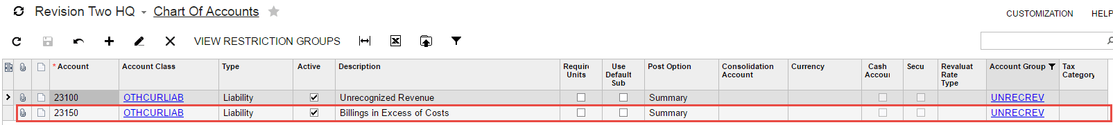 Create a new liability GL account called billings in excess of costs