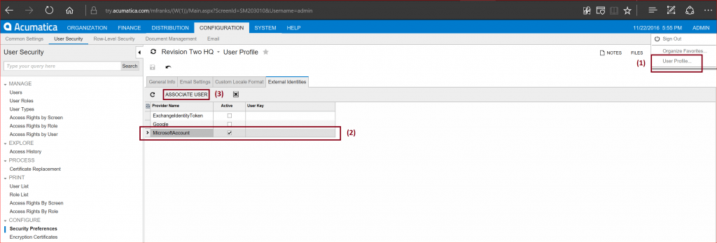 Acumatica Dashboard - Configuring SSO for Live ID accounts.