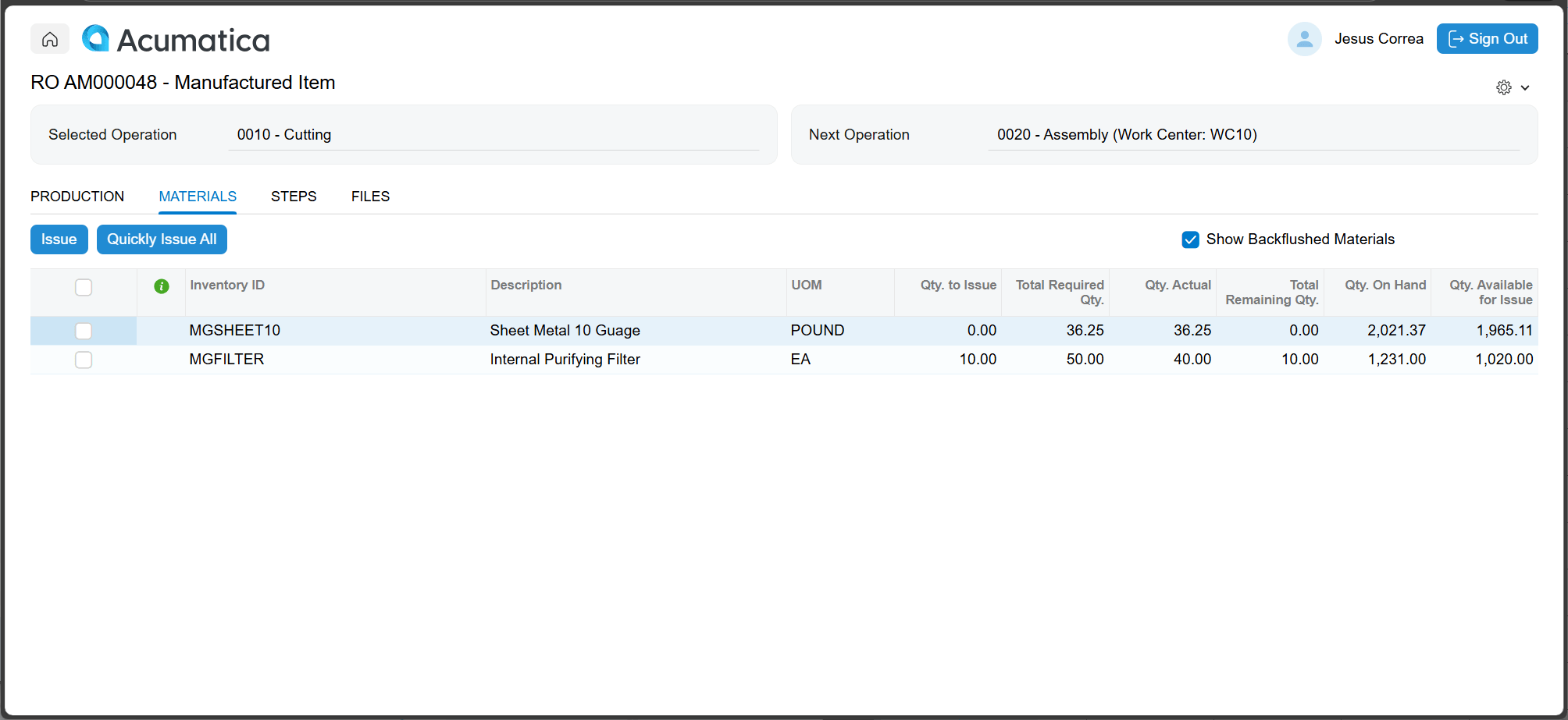 Screenshot of Shop Floor Kiosk material transactions